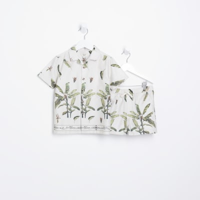Mini boys beige tropical print shirt set