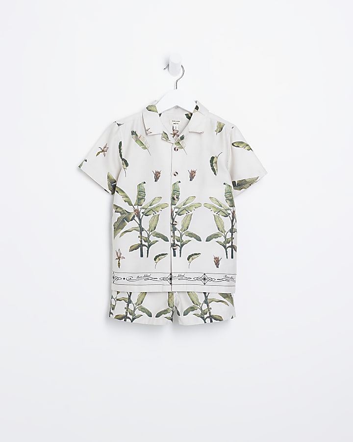 Mini boys beige tropical print shirt set