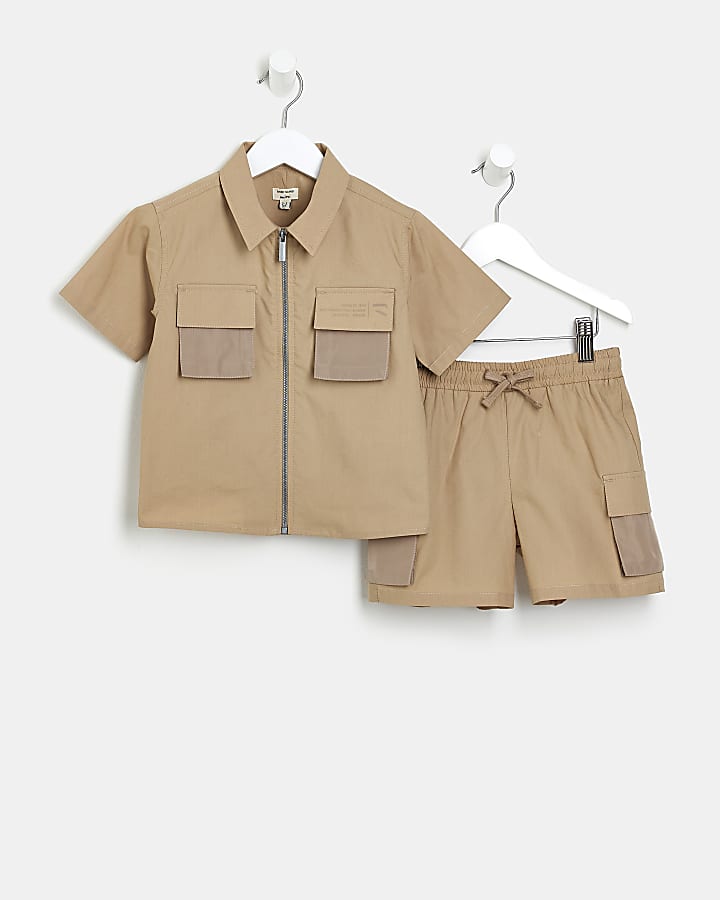 Mini boys beige utility shirt and shorts set