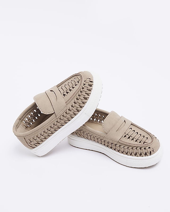 Mini boys beige weave detail loafers