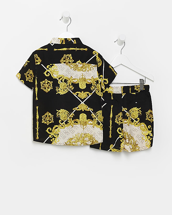 Mini boys black baroque shirt and shorts set