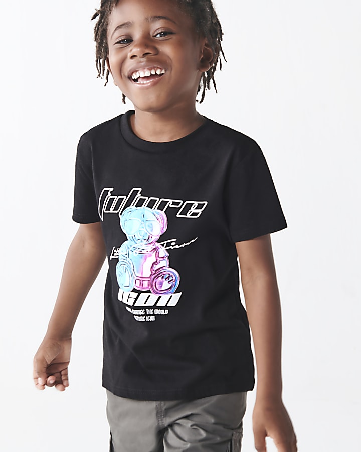 Mini Boys Black Bear Graphic T-shirt | River Island