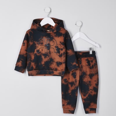 Mini Boys Black Bleached Tie Dye Outfit River Island