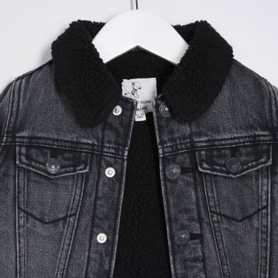 borg lined denim jacket in black