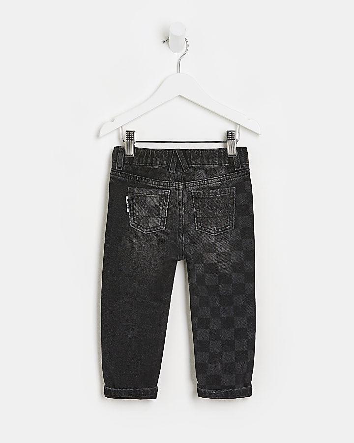 Mini boys black checker board ripped jeans