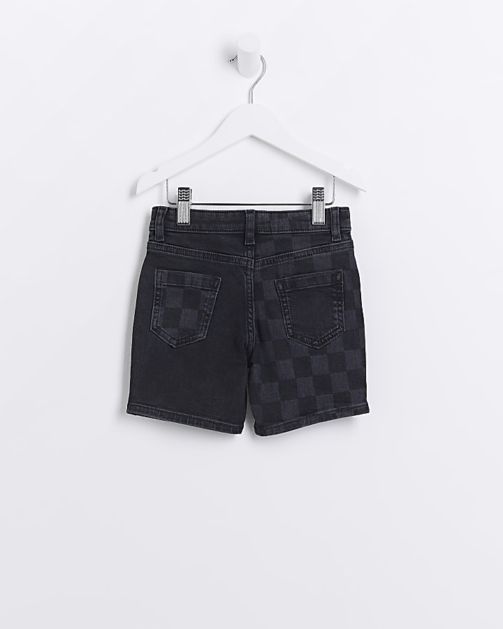 Mini Boys Black Denim Checkerboard Shorts