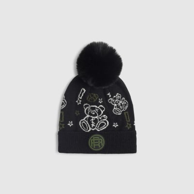 Mini Boys Black Doodle Bear Beanie Hat