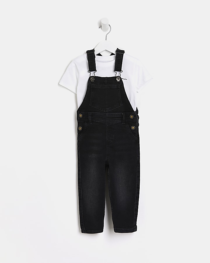 Mini boys black dungarees and t-shirt outfit