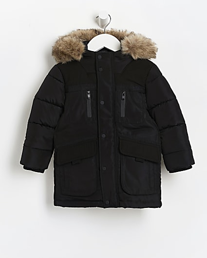 Mini boys black faux fur hooded parka coat
