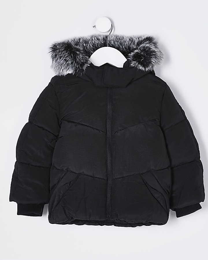 Mini boys black faux fur padded coat