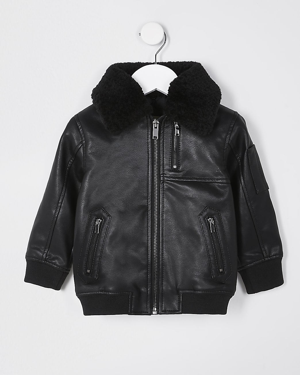 Mini boys black faux leather bomber jacket