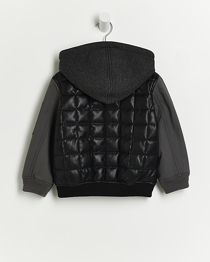 Mini Boys Black Faux Leather Hooded Jacket