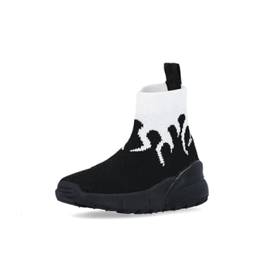 360 degree animation of product Mini Boys Black Flame HiGH Top Trainers frame-0