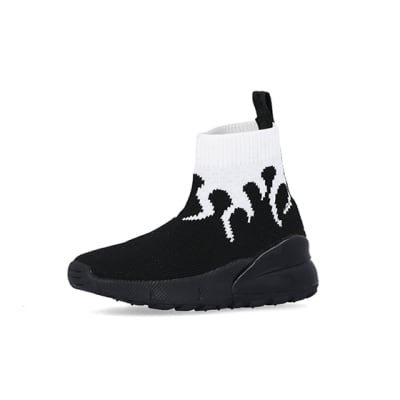 360 degree animation of product Mini Boys Black Flame HiGH Top Trainers frame-1