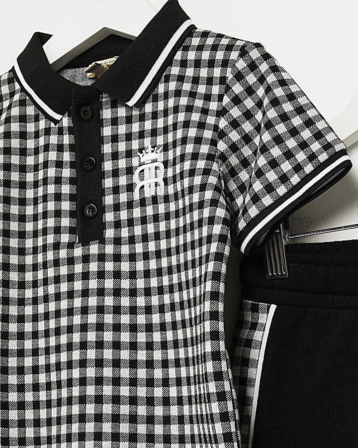 Mini boys black gingham polo shirt outfit