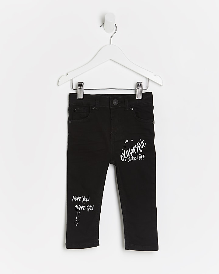 Mini boys Black graffiti print skinny jeans