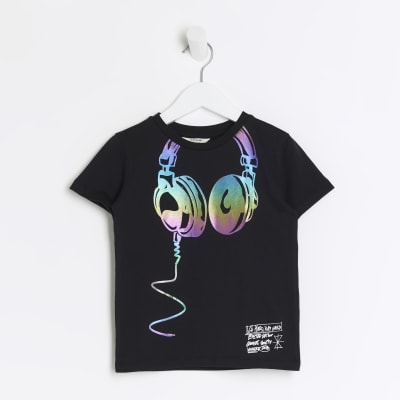 Mini boys black headphones graphic tshirt River Island