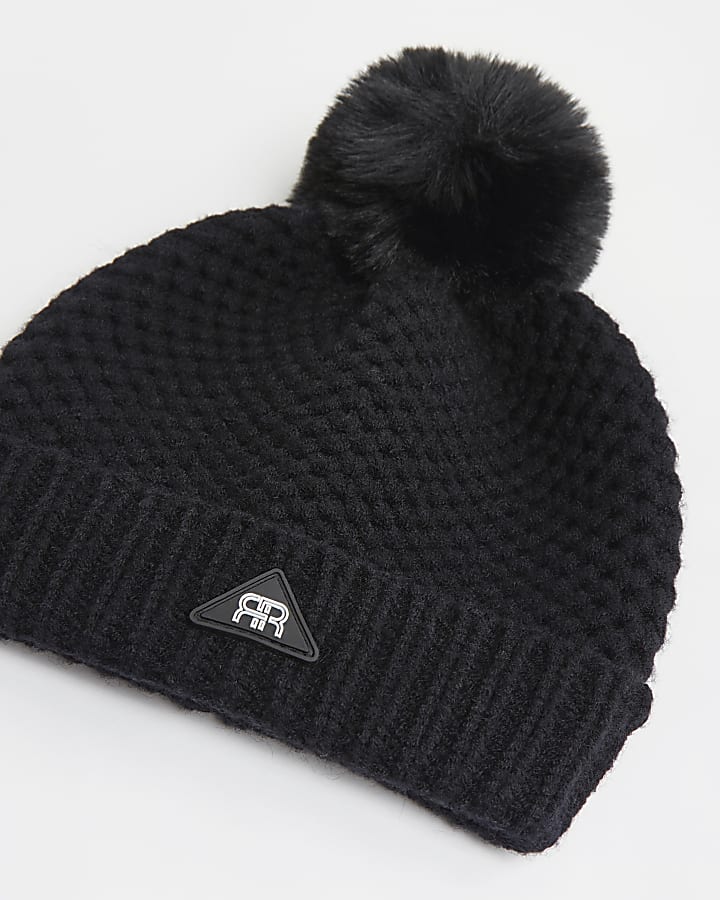 Mini boys black honeycomb knit beanie hat