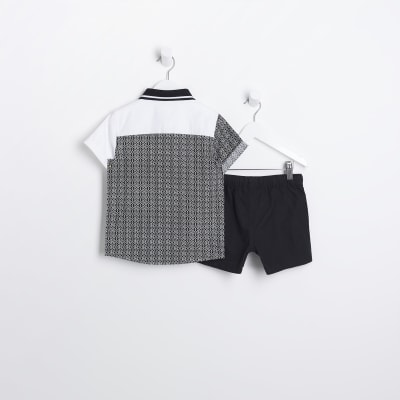 Mini Boys Black Monogram Oxford Shirt Set