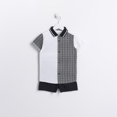 Mini Boys Black Monogram Oxford Shirt Set