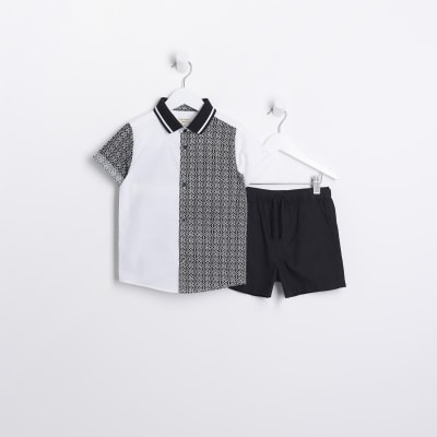 Mini Boys Black Monogram Oxford Shirt Set