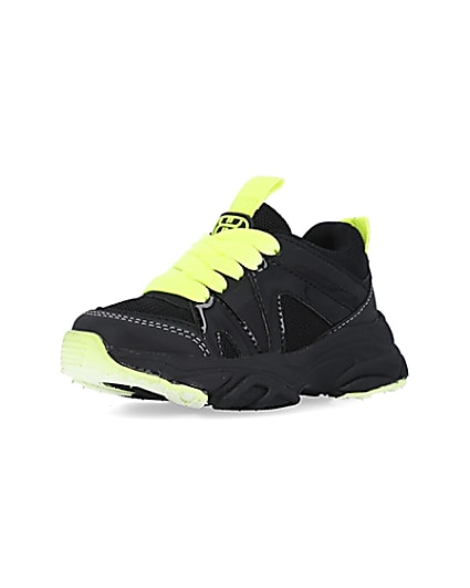 360 degree animation of product Mini boys black neon lace up chunky trainers frame-0