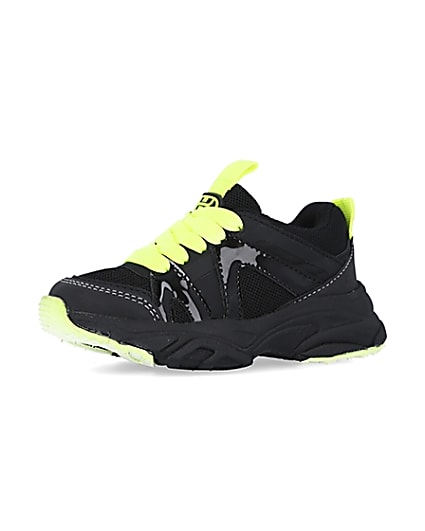360 degree animation of product Mini boys black neon lace up chunky trainers frame-1