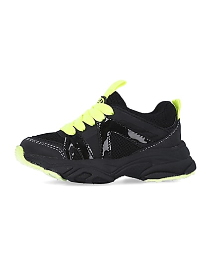 360 degree animation of product Mini boys black neon lace up chunky trainers frame-2