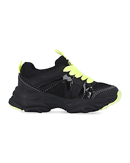 360 degree animation of product Mini boys black neon lace up chunky trainers frame-15