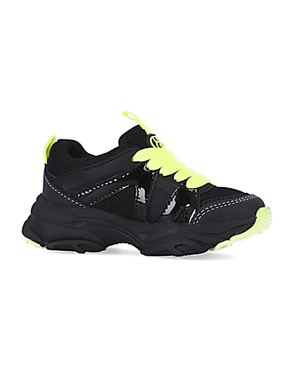 360 degree animation of product Mini boys black neon lace up chunky trainers frame-16