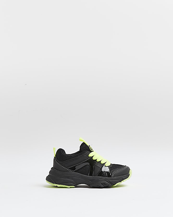 Mini boys black neon lace up chunky trainers
