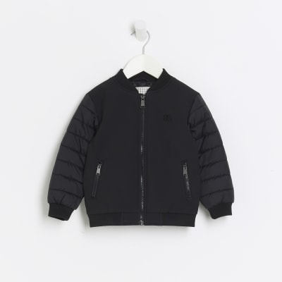 Mini boys black padded sleeve bomber jacket River Island