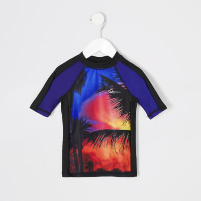 Mini boys black palm print swim top