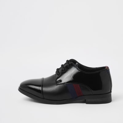 Mini boys black patent tape side shoes