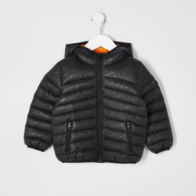 Mini boys black printed padded jacket