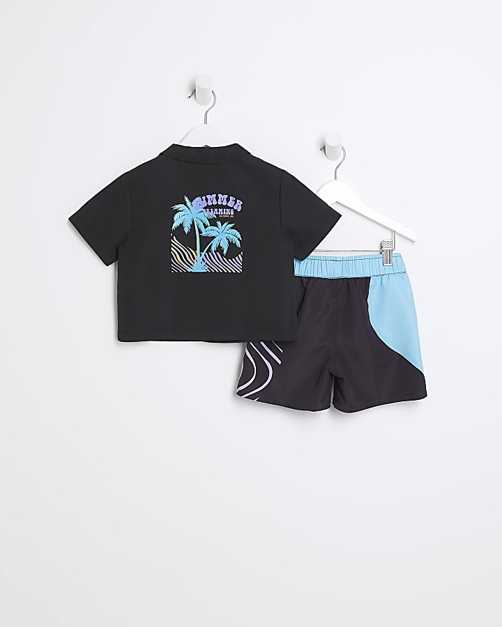 Mini boys black printed swim shirt set