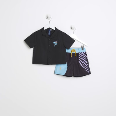 Mini boys black printed swim shirt set