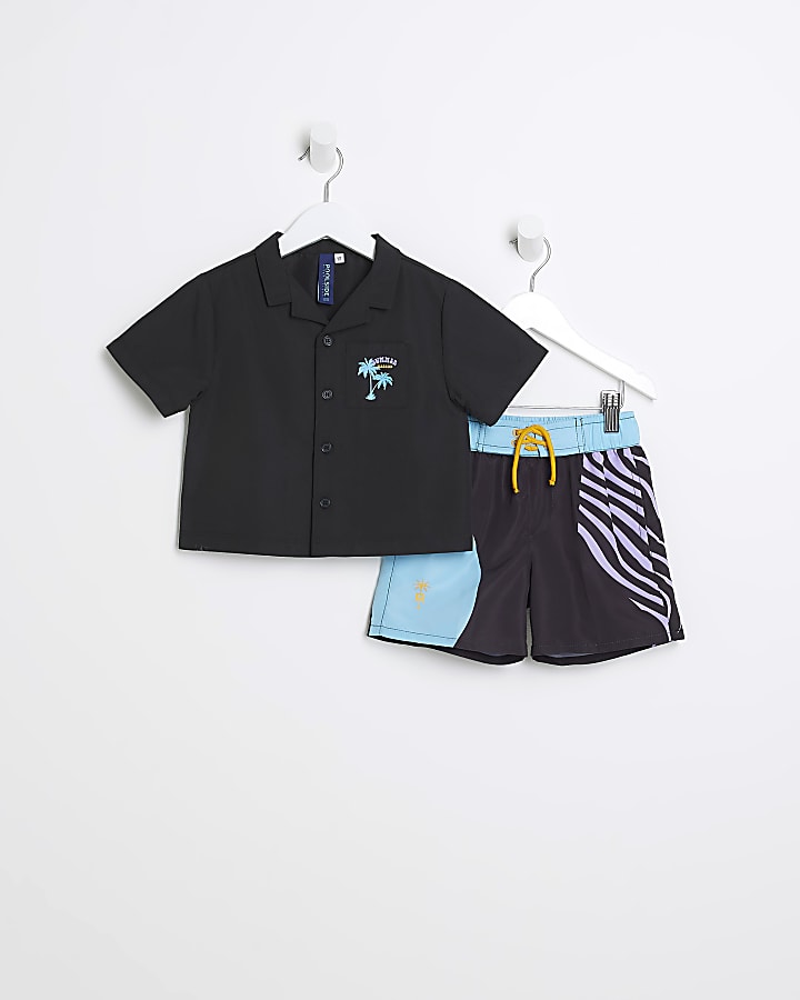 Mini boys black printed swim shirt set