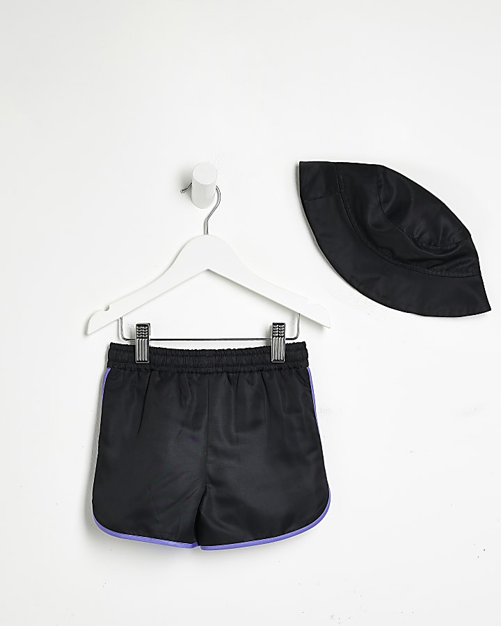 Mini boys black RI swim shorts and hat