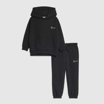 Mini Boys Black River Hoodie And Joggers Set