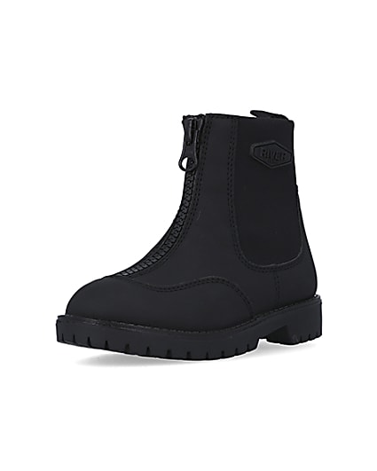 360 degree animation of product Mini Boys Black Rubber Scuba Zip Front Boots frame-0