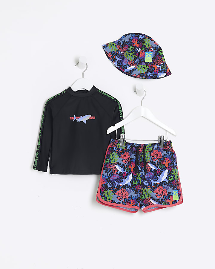 Mini boys black shark print swim shorts set