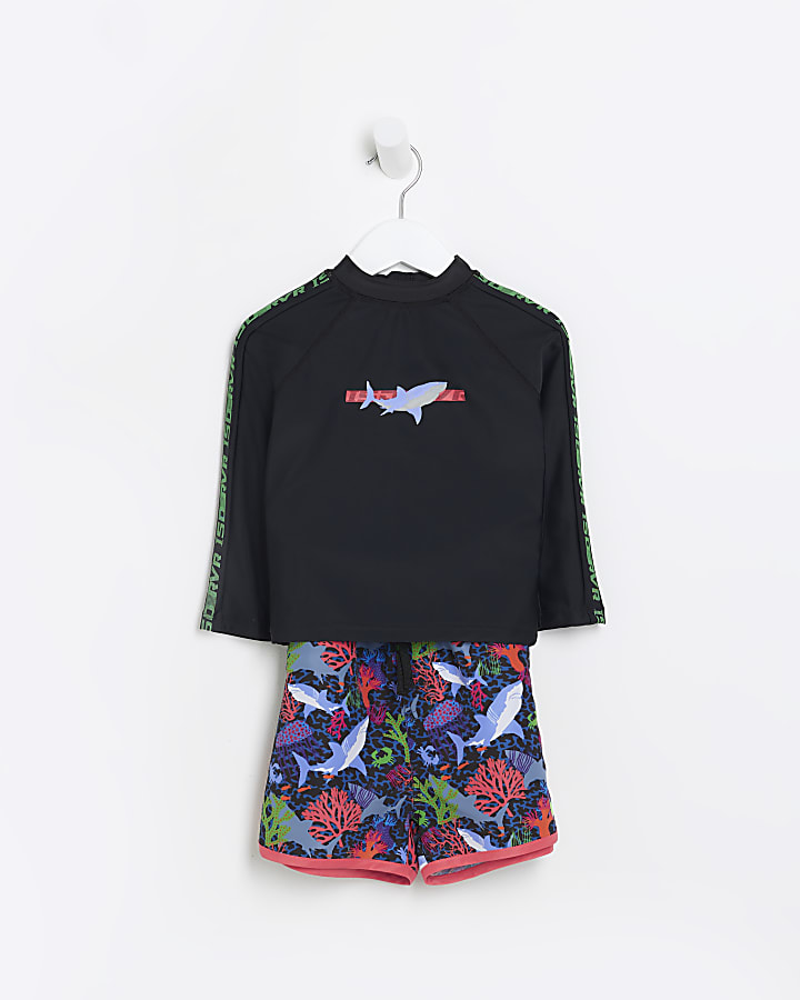 Mini boys black shark print swim shorts set