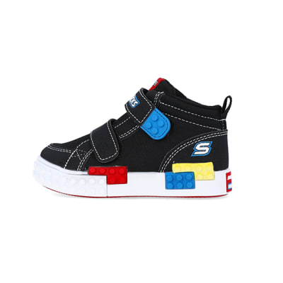 360 degree animation of product Mini Boys Black Skechers Brick Trainers frame-4