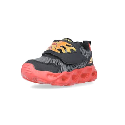360 degree animation of product Mini Boys Black Skechers Flame Trainers frame-0