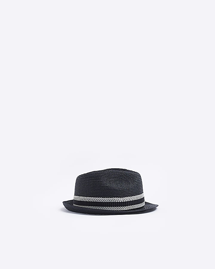 Mini boys black stripe trim straw Hat