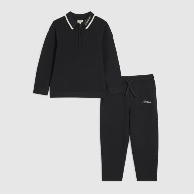 Mini Boys Black Textured Polo Shirt Set