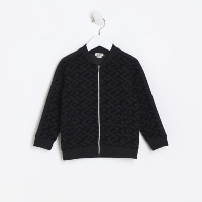 Mini boys black textured zip bomber jacket | River Island