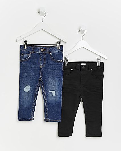 Mini boys blue and black ripped skinny jeans