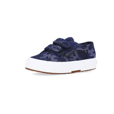 360 degree animation of product Mini Boys Blue Camo Print Superga Trainers frame-1